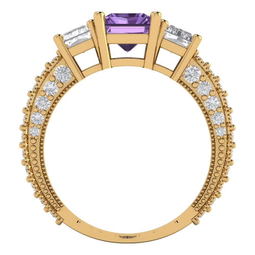 3.61 cttw Simulated Alexandrite Three-Stone Engagement Ring - Solid Yellow Gold (VVS1, Emerald Cut,8x6mm)