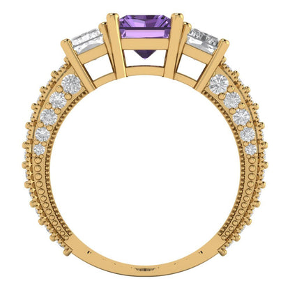 3.61 cttw Simulated Alexandrite Three-Stone Engagement Ring - Solid Yellow Gold (VVS1, Emerald Cut,8x6mm)