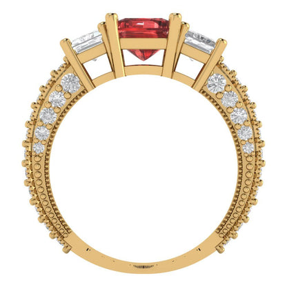 3.61 cttw Natural Garnet Three-Stone Engagement Ring - Solid Gold (Emerald Cut,8x6mm)