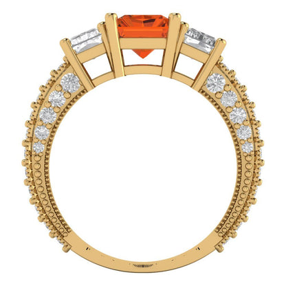 3.61 cttw Zirconia Simulated Red Diamond Three-Stone Engagement Ring - Solid Gold (VVS1, Emerald Cut,8x6mm)