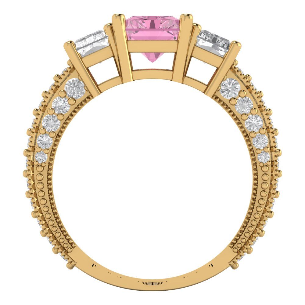 3.61 cttw Zirconia Simulated Pink Diamond Three-Stone Engagement Ring - Solid Gold (VVS1, Emerald Cut,8x6mm)