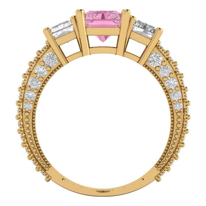 3.61 cttw Zirconia Simulated Pink Diamond Three-Stone Engagement Ring - Solid Gold (VVS1, Emerald Cut,8x6mm)