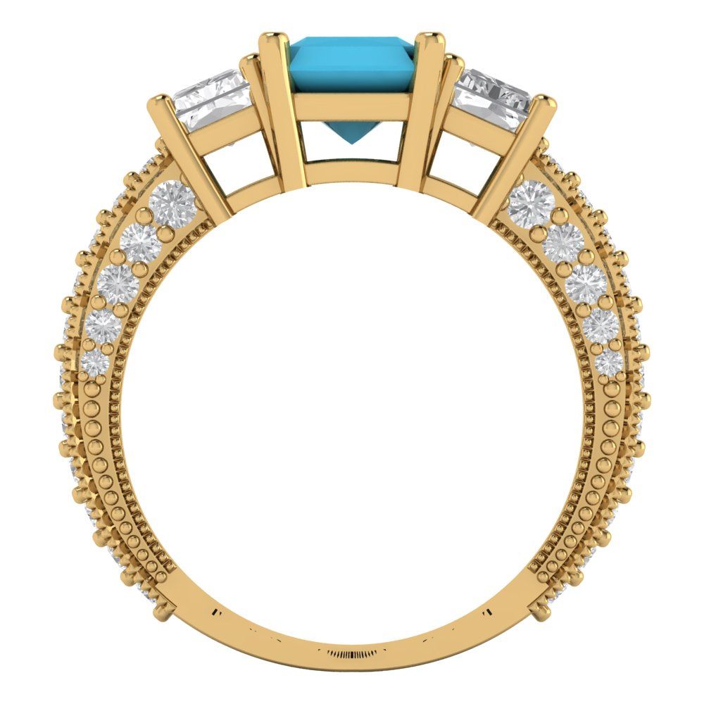 3.61 cttw Simulated Turquoise Three-Stone Engagement Ring - Solid Gold (Emerald Cut,8x6mm)