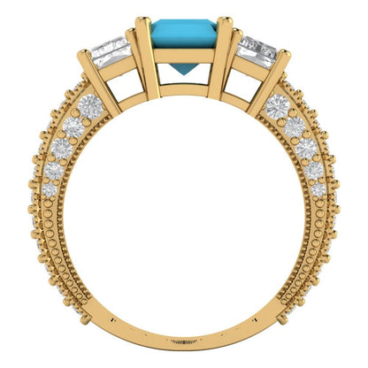 3.61 cttw Simulated Turquoise Three-Stone Engagement Ring - Solid Gold (Emerald Cut,8x6mm)
