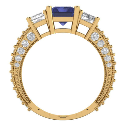 3.61 cttw Simulated Tanzanite Three-Stone Engagement Ring - Solid Yellow Gold (VVS1, Emerald Cut,8x6mm)