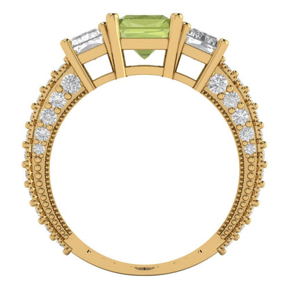 3.61 cttw Natural Peridot Three-Stone Engagement Ring - Solid Gold (Emerald Cut,8x6mm)