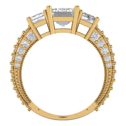 3.61 cttw Moissanite Three-Stone Engagement Ring - Solid Yellow Gold (VVS1, Emerald Cut,8x6mm)