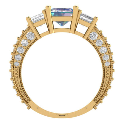 3.61 cttw Blue Moissanite Three-Stone Engagement Ring - Solid Gold (Emerald Cut,8x6mm)