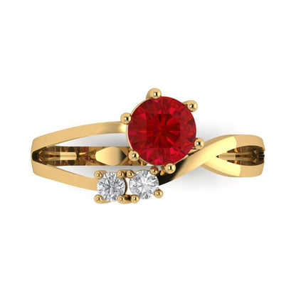 0.87 cttw Simulated Ruby Three-Stone Engagement Ring - Solid Yellow Gold (VVS1, Round Cut,6.0mm)