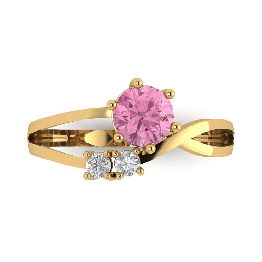 0.87 cttw Zirconia Simulated Pink Diamond Three-Stone Engagement Ring - Solid Yellow Gold (VVS1, Round Cut,6.0mm)