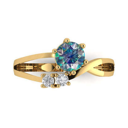 0.87 cttw Blue Moissanite Three-Stone Engagement Ring - Solid Gold (Round Cut,6.0mm)