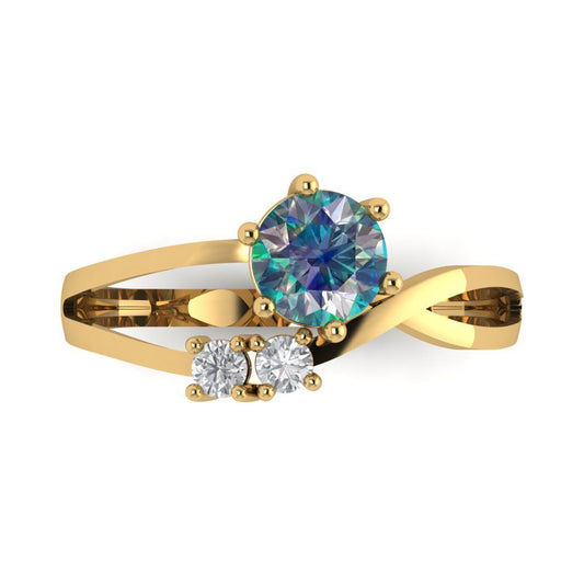 0.87 cttw Blue Moissanite Three-Stone Engagement Ring - Solid Yellow Gold (VVS1, Round Cut,6.0mm)