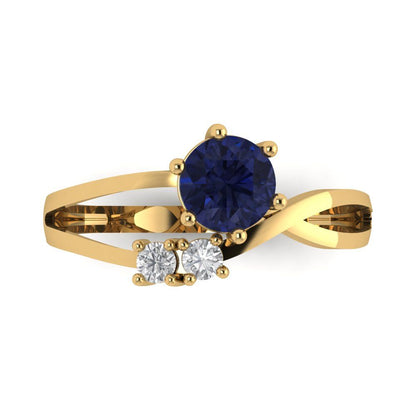 0.87 cttw Simulated Blue Sapphire Three-Stone Engagement Ring - Solid Yellow Gold (VVS1, Round Cut,6.0mm)