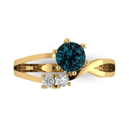 0.87 cttw Natural London Blue Topaz Three-Stone Engagement Ring - Solid Yellow Gold (VVS1, Round Cut,6.0mm)