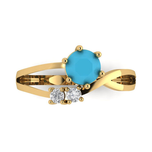 0.87 cttw Simulated Turquoise Three-Stone Engagement Ring - Solid Yellow Gold (VVS1, Round Cut,6.0mm)