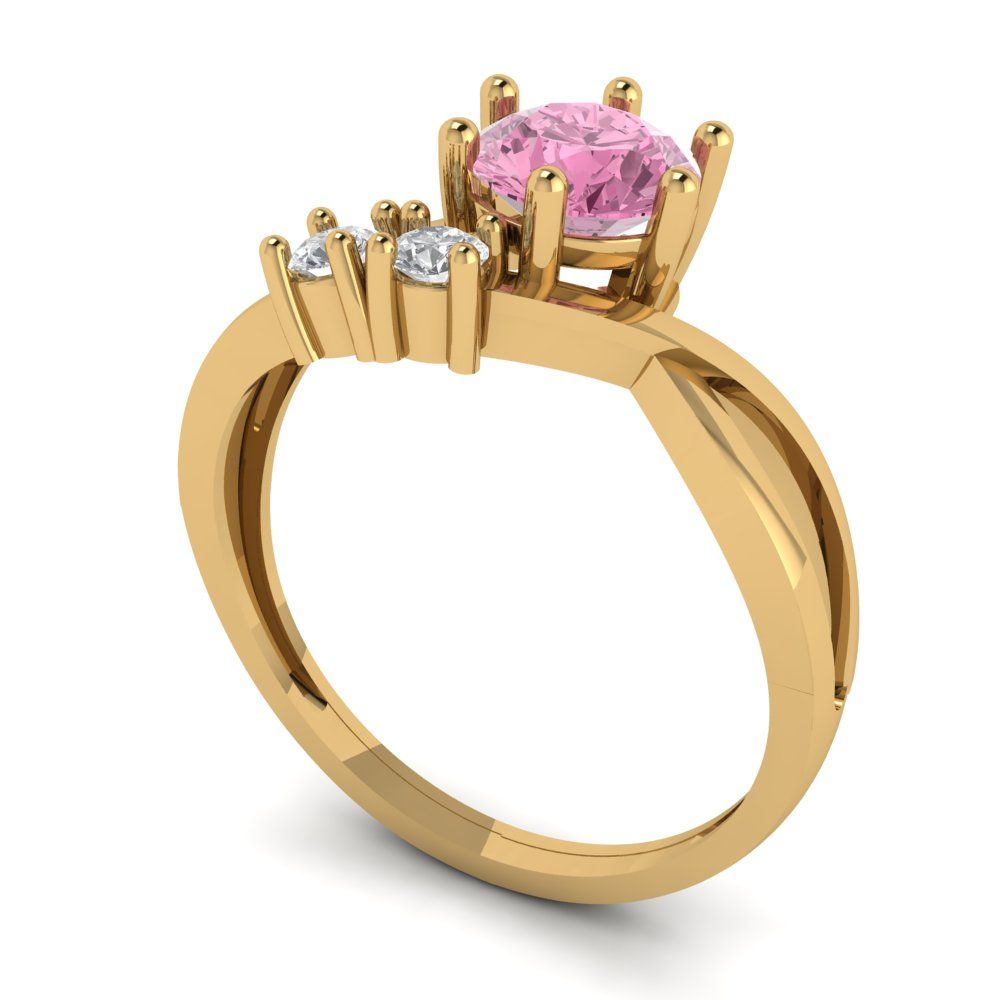 0.87 cttw Zirconia Simulated Pink Diamond Three-Stone Engagement Ring - Solid Yellow Gold (VVS1, Round Cut,6.0mm)