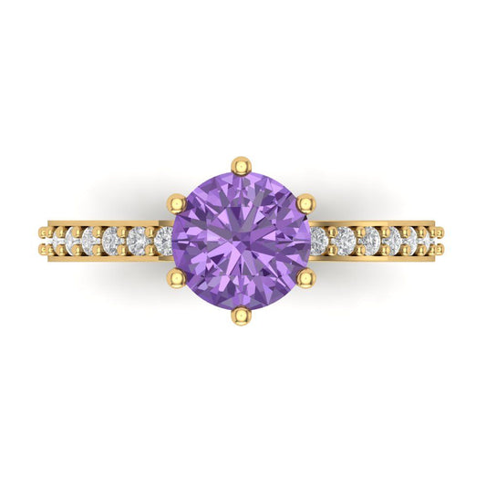 1.71 cttw Simulated Alexandrite Solitaire with Zirconia Simulated Diamond Accents Engagement Ring - Solid Yellow Gold (VVS1, Round Cut,7.5mm)