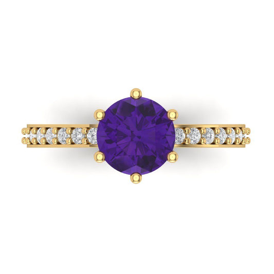 1.71 cttw Natural Amethyst Solitaire with Zirconia Simulated Diamond Accents Engagement Ring - Solid Yellow Gold (VVS1, Round Cut,7.5mm)