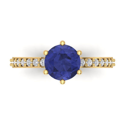 1.71 cttw Simulated Tanzanite Solitaire with Zirconia Simulated Diamond Accents Engagement Ring - Solid Gold (Round Cut,7.5mm)