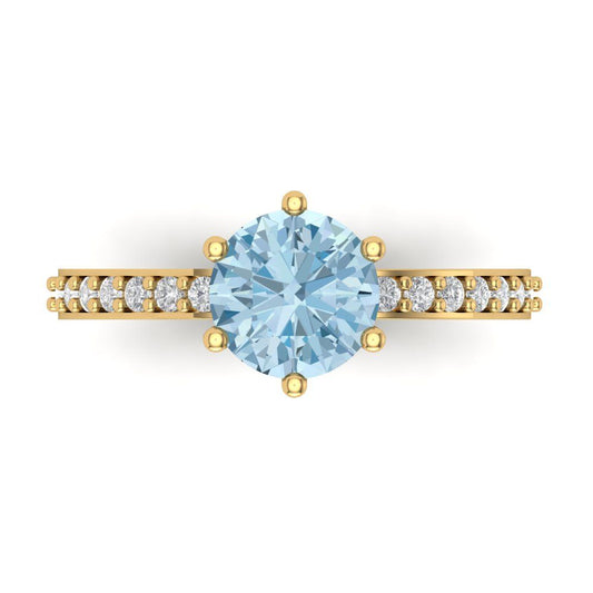 1.71 cttw Natural Aquamarine Solitaire with Zirconia Simulated Diamond Accents Engagement Ring - Solid Yellow Gold (VVS1, Round Cut,7.5mm)