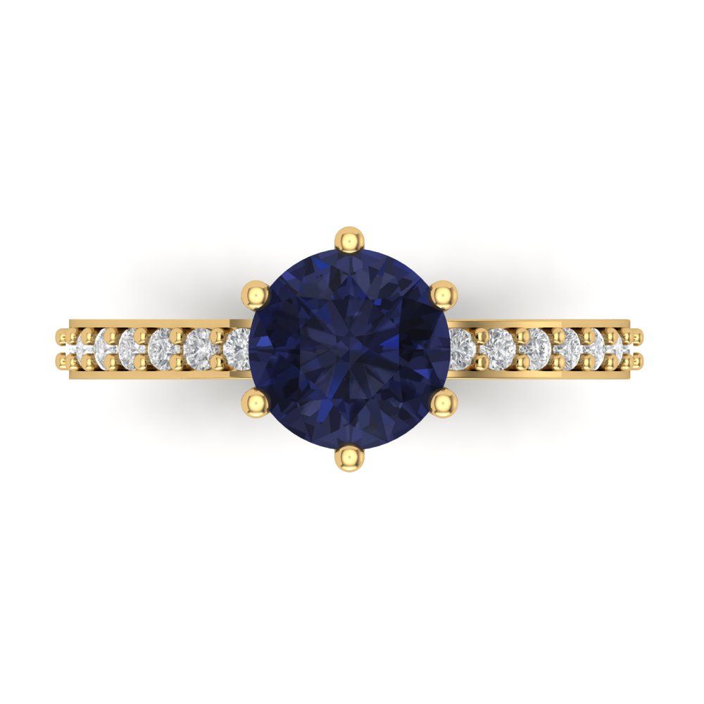 1.71 cttw Simulated Blue Sapphire Solitaire with Zirconia Simulated Diamond Accents Engagement Ring - Solid Gold (Round Cut,7.5mm)