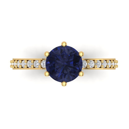 1.71 cttw Simulated Blue Sapphire Solitaire with Zirconia Simulated Diamond Accents Engagement Ring - Solid Gold (Round Cut,7.5mm)