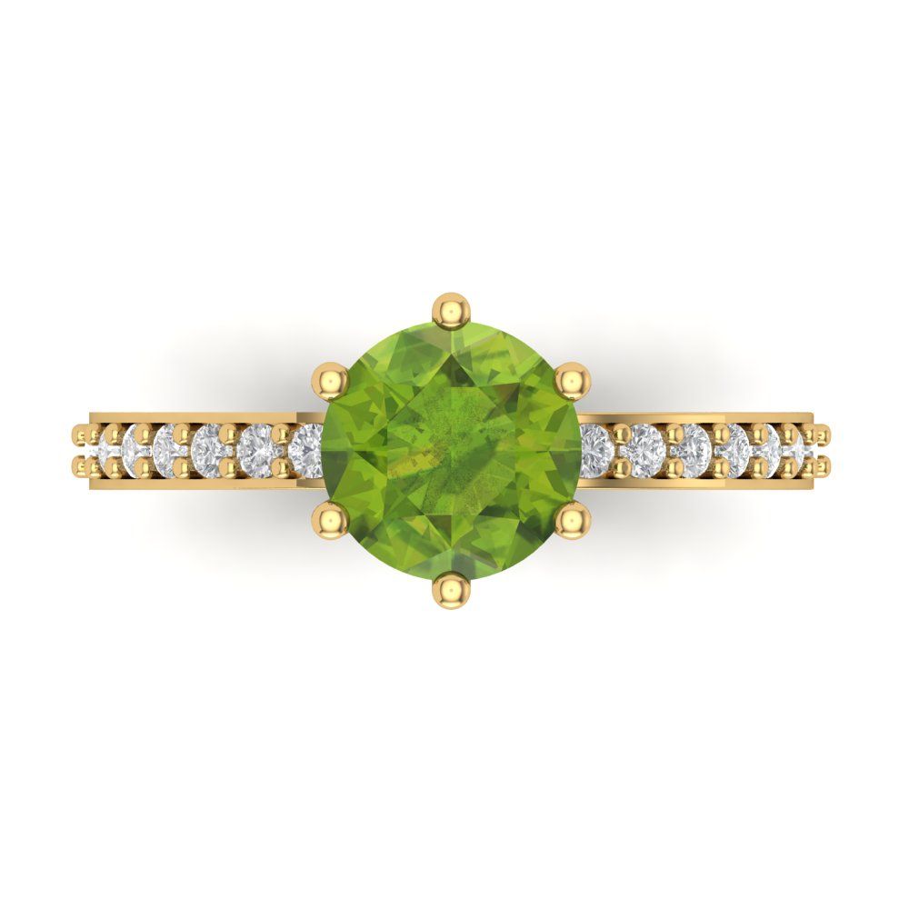 1.71 cttw Natural Peridot Solitaire with Zirconia Simulated Diamond Accents Engagement Ring - Solid Gold (Round Cut,7.5mm)