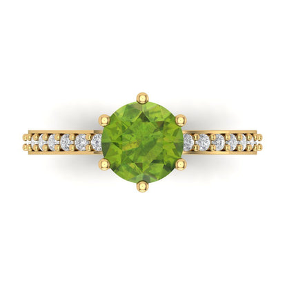 1.71 cttw Natural Peridot Solitaire with Zirconia Simulated Diamond Accents Engagement Ring - Solid Gold (Round Cut,7.5mm)