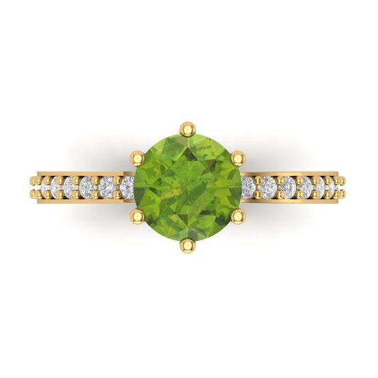 1.71 cttw Natural Peridot Solitaire with Zirconia Simulated Diamond Accents Engagement Ring - Solid Yellow Gold (VVS1, Round Cut,7.5mm)