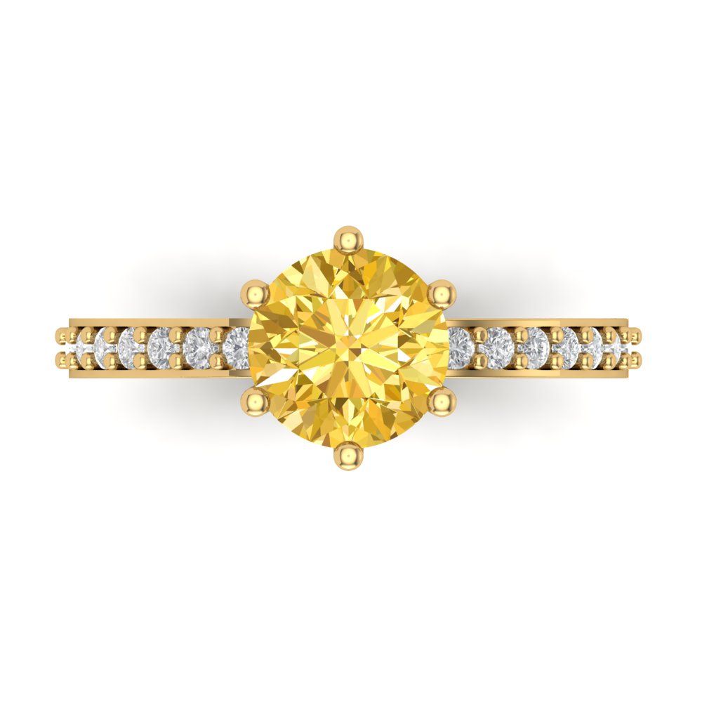 1.71 cttw Zirconia Simulated Yellow Diamond Solitaire with Zirconia Simulated Diamond Accents Engagement Ring - Solid Gold (VVS1, Round Cut,7.5mm)