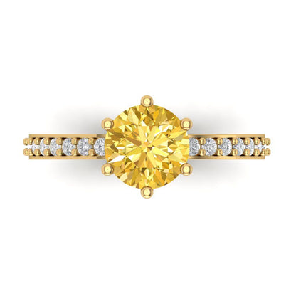 1.71 cttw Zirconia Simulated Yellow Diamond Solitaire with Zirconia Simulated Diamond Accents Engagement Ring - Solid Gold (VVS1, Round Cut,7.5mm)