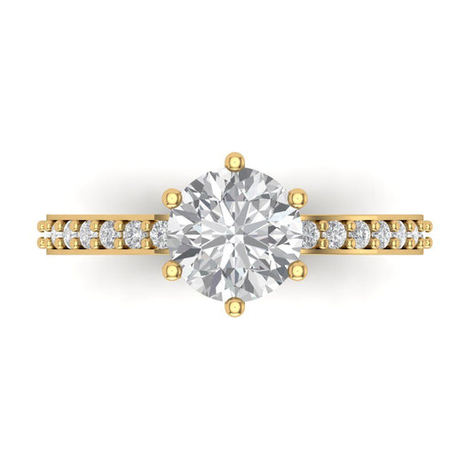 1.71 cttw Moissanite Solitaire with Zirconia Simulated Diamond Accents Engagement Ring - Solid Yellow Gold (VVS1, Round Cut,7.5mm)