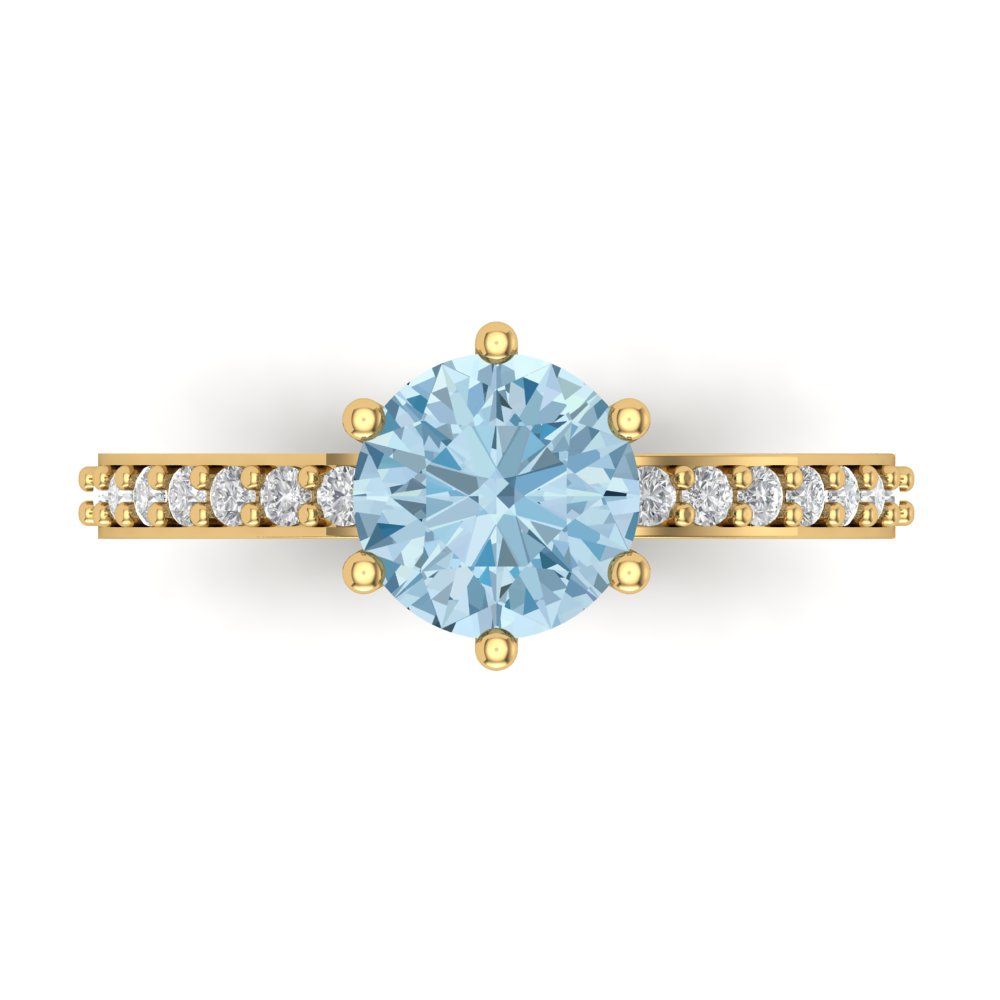 1.71 cttw Natural Swiss Blue Topaz Solitaire with Zirconia Simulated Diamond Accents Engagement Ring - Solid Gold (Round Cut,7.5mm)