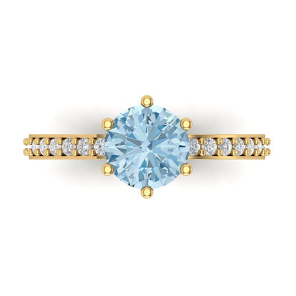 1.71 cttw Natural Swiss Blue Topaz Solitaire with Zirconia Simulated Diamond Accents Engagement Ring - Solid Gold (Round Cut,7.5mm)