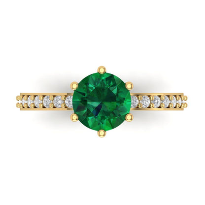 1.71 cttw Simulated Emerald Solitaire with Zirconia Simulated Diamond Accents Engagement Ring - Solid Gold (Round Cut,7.5mm)