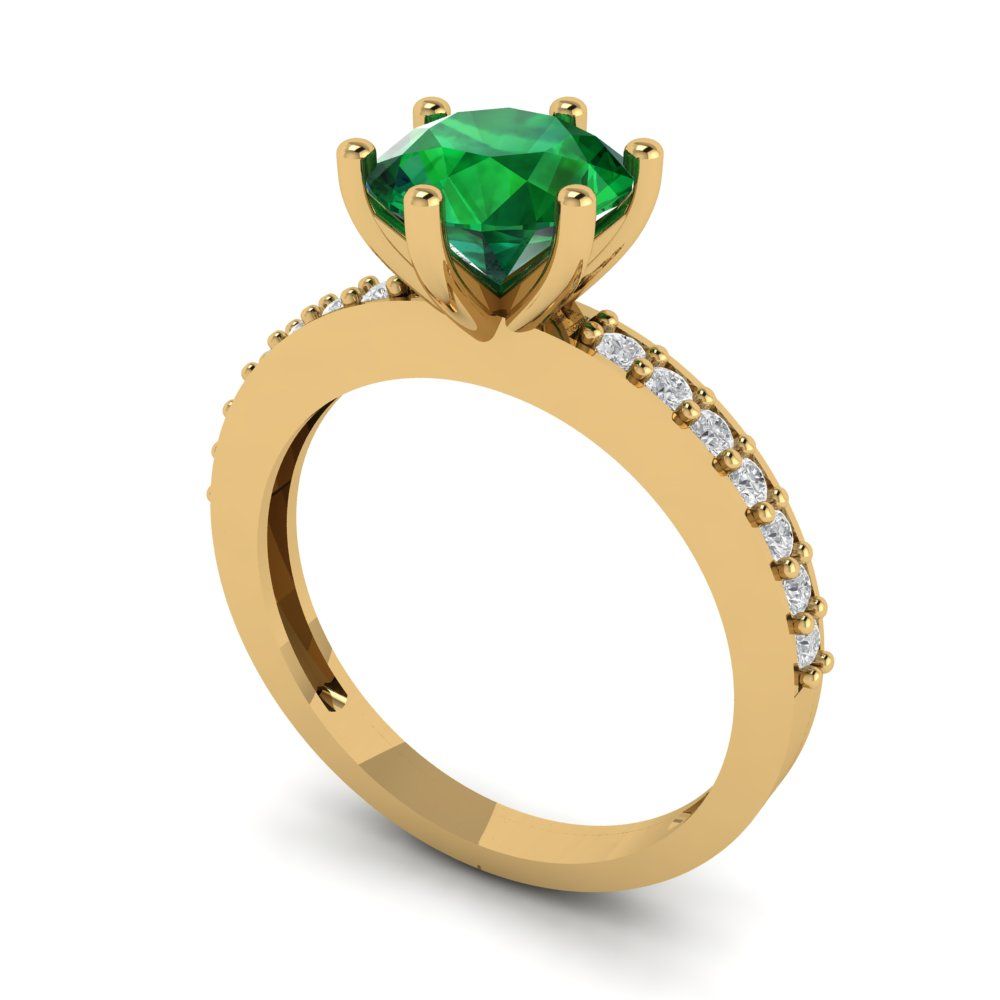 1.71 cttw Simulated Emerald Solitaire with Zirconia Simulated Diamond Accents Engagement Ring - Solid Gold (Round Cut,7.5mm)