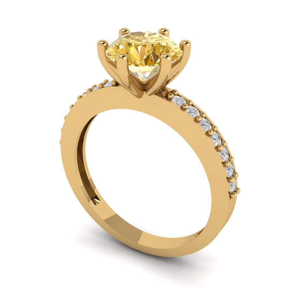 1.71 cttw Zirconia Simulated Yellow Diamond Solitaire with Zirconia Simulated Diamond Accents Engagement Ring - Solid Gold (VVS1, Round Cut,7.5mm)