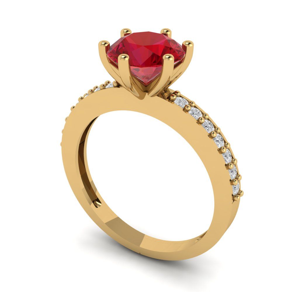 1.71 cttw Simulated Ruby Solitaire with Zirconia Simulated Diamond Accents Engagement Ring - Solid Gold (Round Cut,7.5mm)