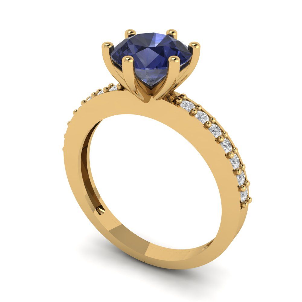 1.71 cttw Simulated Blue Sapphire Solitaire with Zirconia Simulated Diamond Accents Engagement Ring - Solid Gold (Round Cut,7.5mm)
