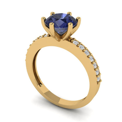 1.71 cttw Simulated Blue Sapphire Solitaire with Zirconia Simulated Diamond Accents Engagement Ring - Solid Gold (Round Cut,7.5mm)