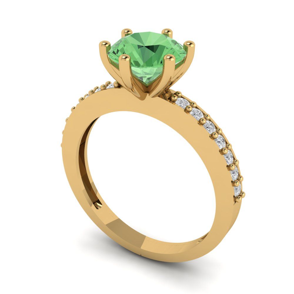 1.71 cttw Zirconia Simulated Green Diamond Solitaire with Zirconia Simulated Diamond Accents Engagement Ring - Solid Gold (VVS1, Round Cut,7.5mm)