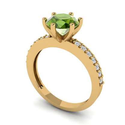 1.71 cttw Natural Peridot Solitaire with Zirconia Simulated Diamond Accents Engagement Ring - Solid Gold (Round Cut,7.5mm)