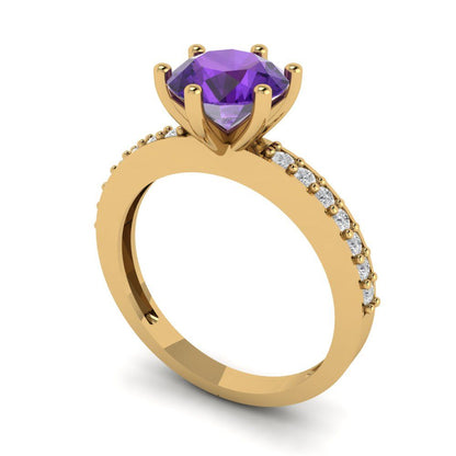 1.71 cttw Natural Amethyst Solitaire with Zirconia Simulated Diamond Accents Engagement Ring - Solid Gold (Round Cut,7.5mm)