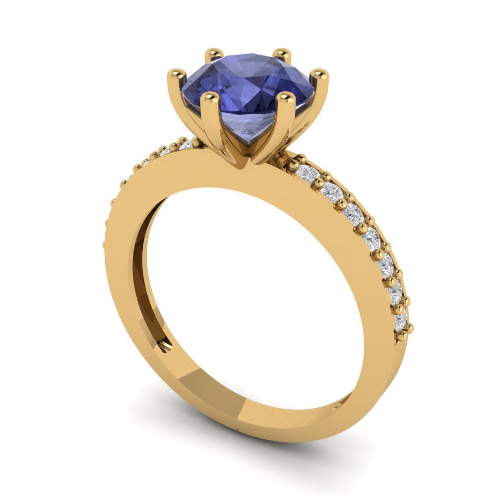 1.71 cttw Simulated Tanzanite Solitaire with Zirconia Simulated Diamond Accents Engagement Ring - Solid Gold (Round Cut,7.5mm)