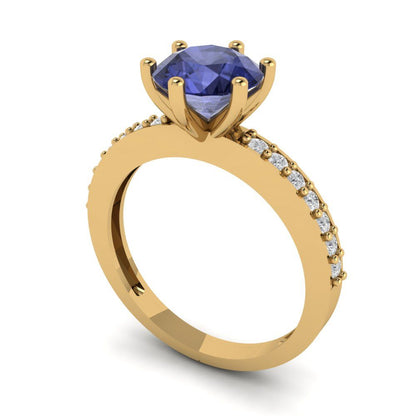 1.71 cttw Simulated Tanzanite Solitaire with Zirconia Simulated Diamond Accents Engagement Ring - Solid Gold (Round Cut,7.5mm)