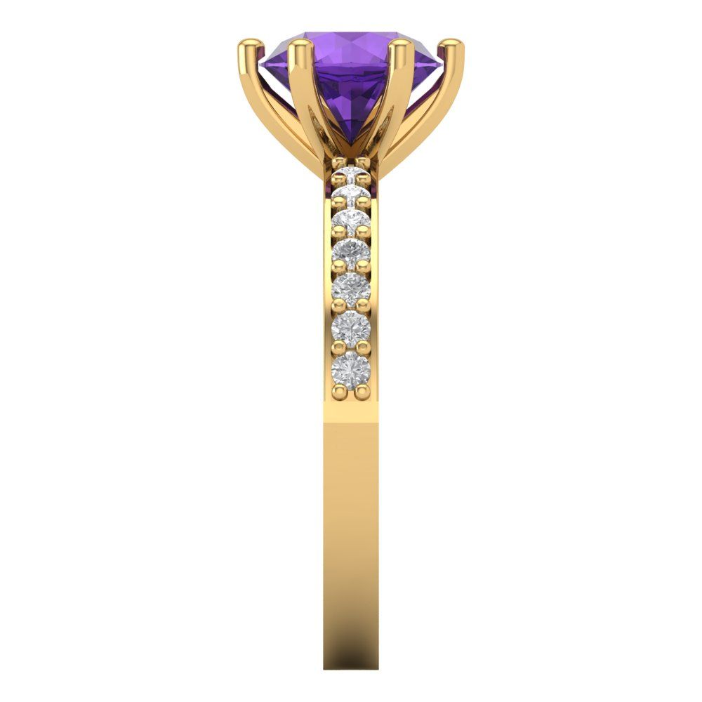 1.71 cttw Natural Amethyst Solitaire with Zirconia Simulated Diamond Accents Engagement Ring - Solid Gold (Round Cut,7.5mm)