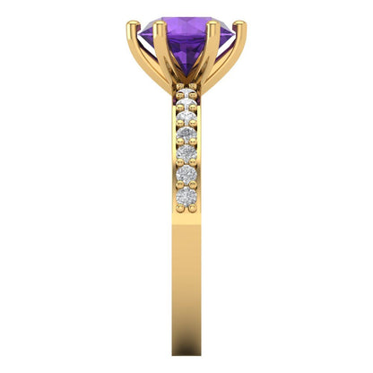 1.71 cttw Natural Amethyst Solitaire with Zirconia Simulated Diamond Accents Engagement Ring - Solid Gold (Round Cut,7.5mm)