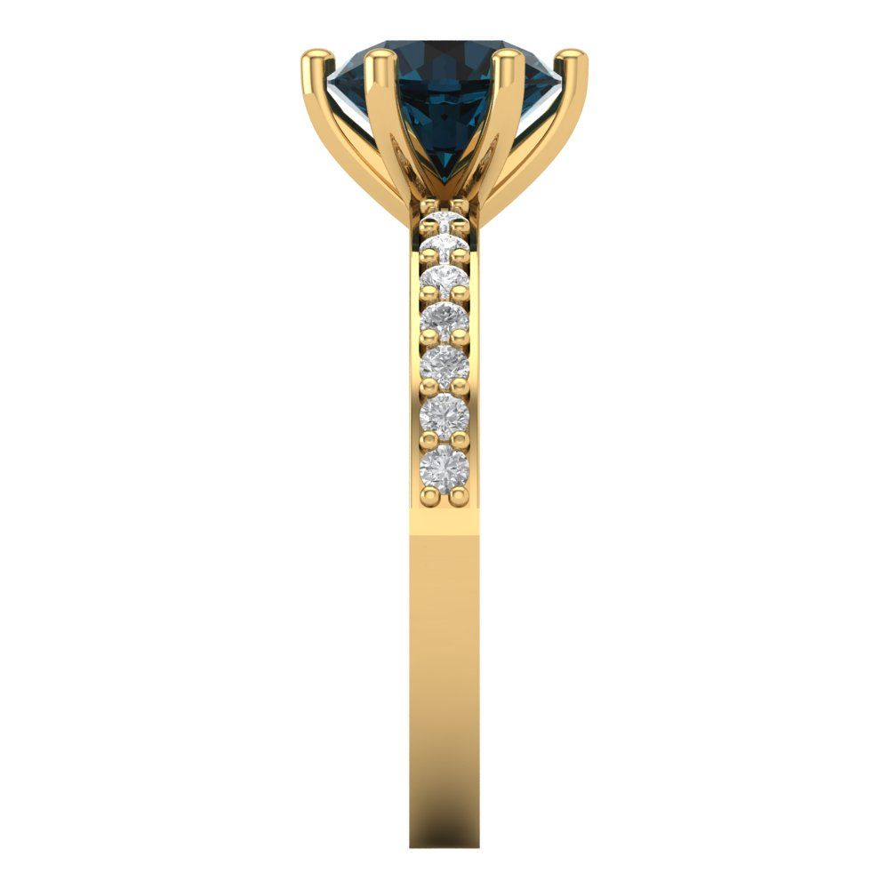 1.71 cttw Natural London Blue Topaz Solitaire with Zirconia Simulated Diamond Accents Engagement Ring - Solid Gold (Round Cut,7.5mm)