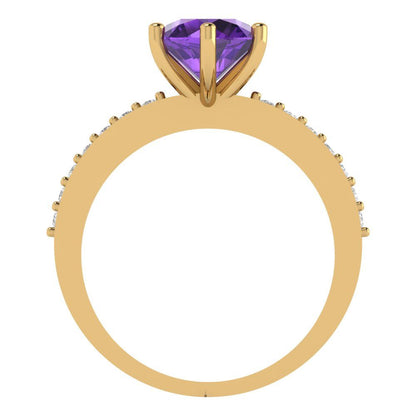 1.71 cttw Natural Amethyst Solitaire with Zirconia Simulated Diamond Accents Engagement Ring - Solid Gold (Round Cut,7.5mm)