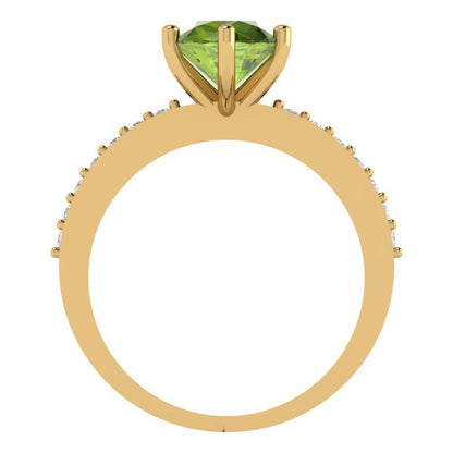 1.71 cttw Natural Peridot Solitaire with Zirconia Simulated Diamond Accents Engagement Ring - Solid Gold (Round Cut,7.5mm)